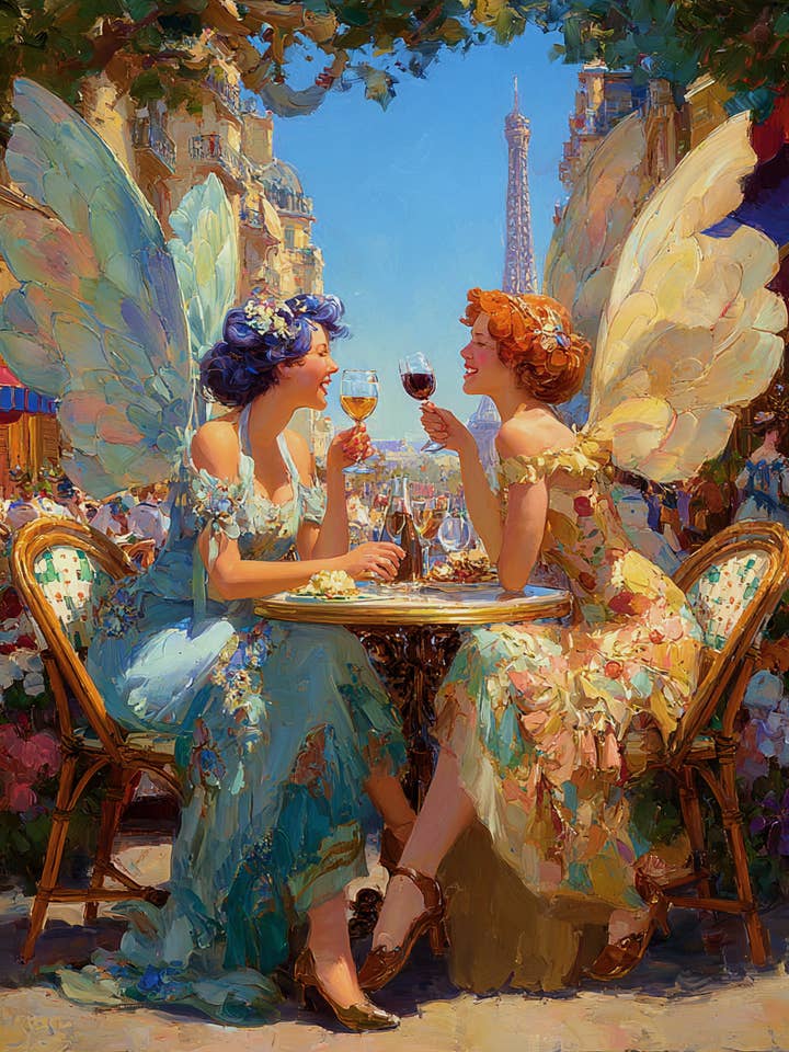 Fairy Meetup Over Wine in Paris - Fairies Art Print - 8"x10" Artwork for wholesale by Mowbi