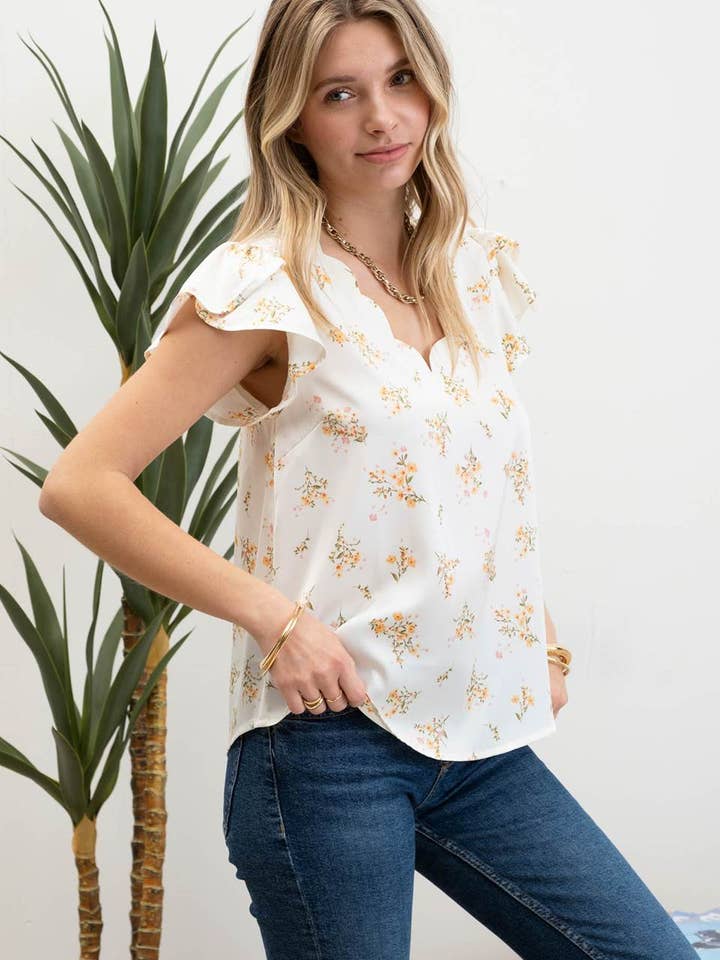 Blu Pepper - Vendita all'ingrosso Camicetta - Donna - Blusa in raso con scollo a V e stampa floreale con bordi smerlati8