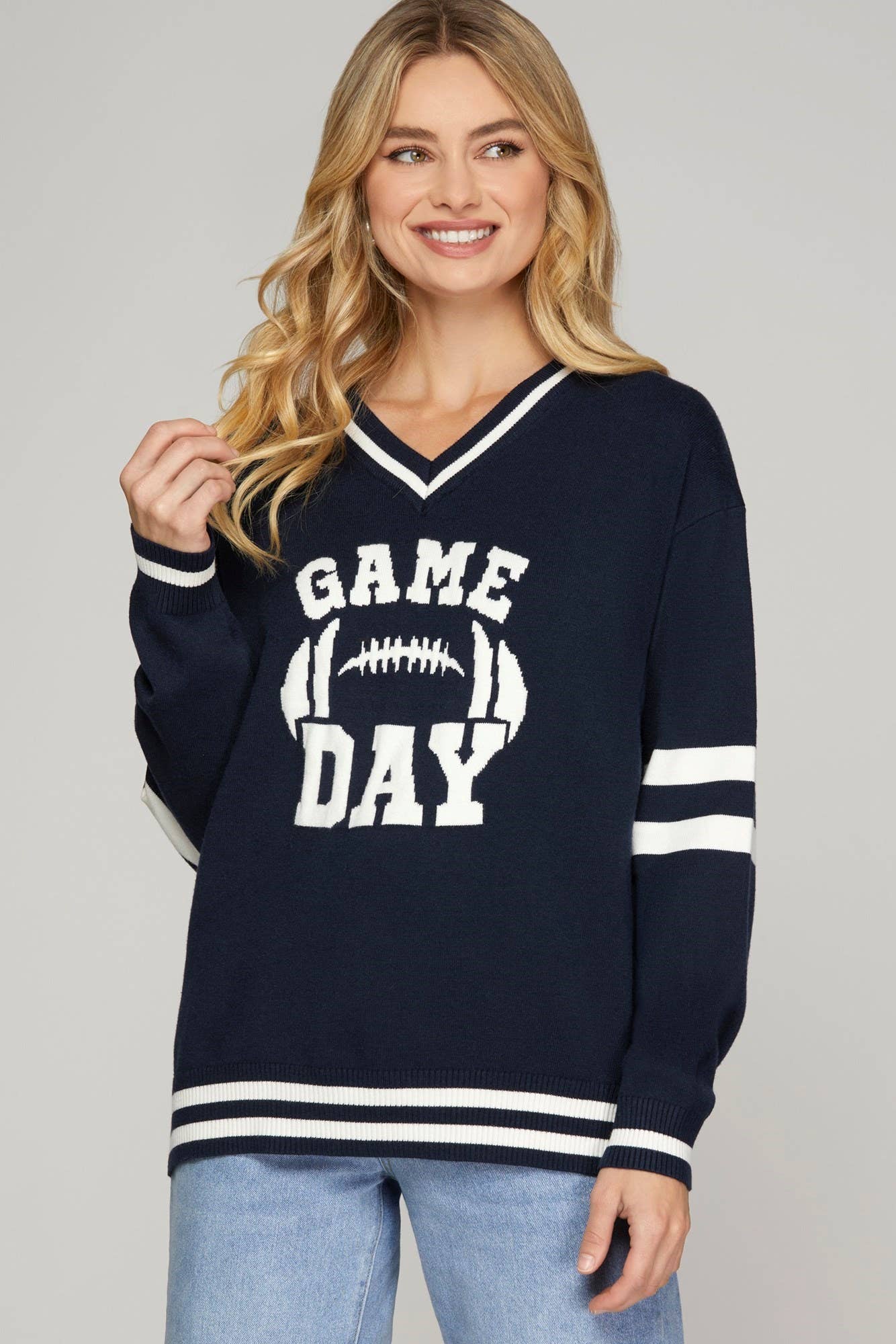 Vanilla Monkey – wholesale Sweatshirt – Women's – Game Day V Neck Varsity Sweater Top0