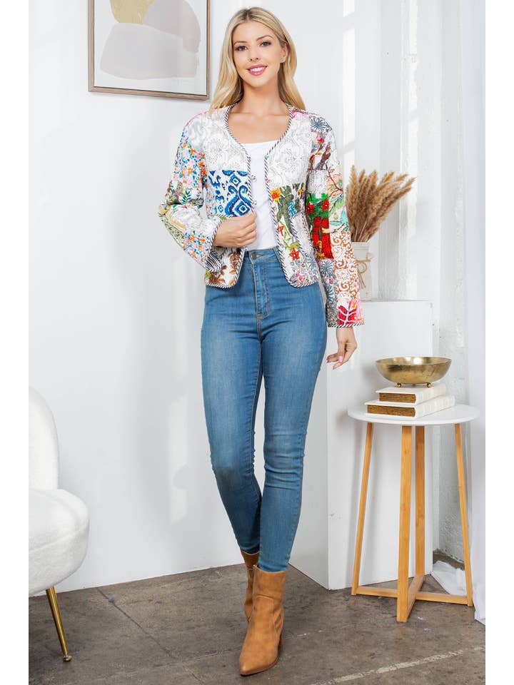 LA Soul - Wholesale Jacket - Women's - Floral Print Quilted Patch Cotton Jacket - White1