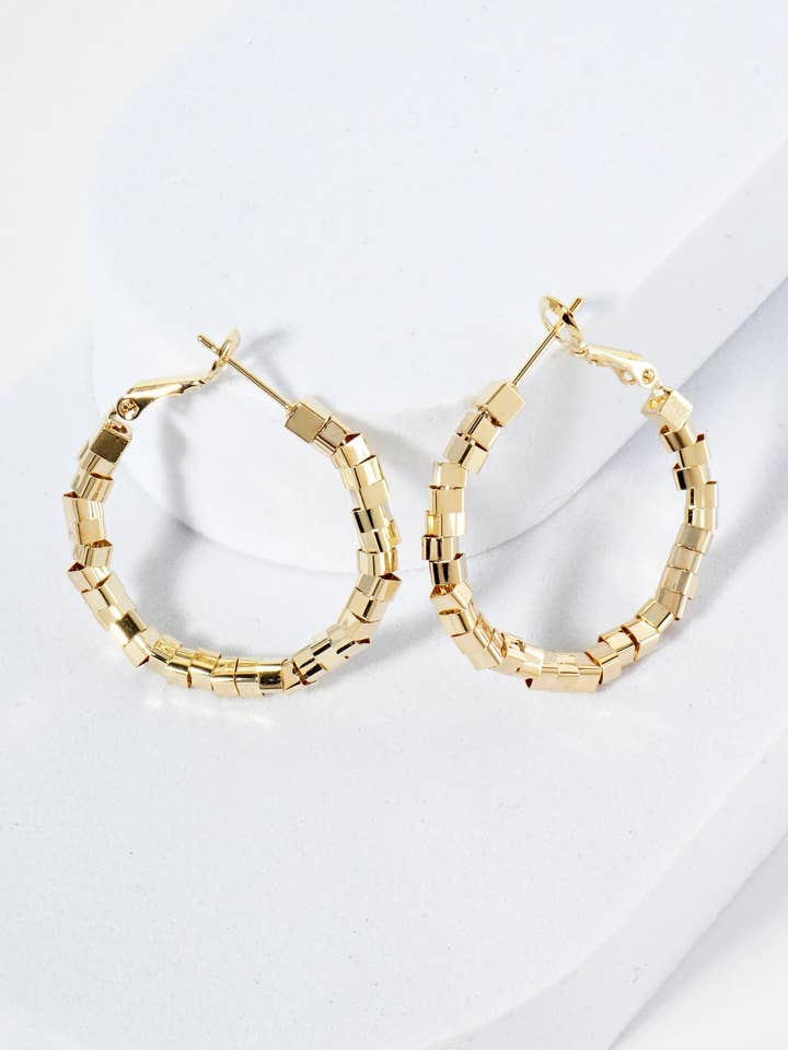 30mm Geometric Square Beaded 14K-Gold-Dipped Latch-Back Hoop Earrings for wholesale by Wild Honey