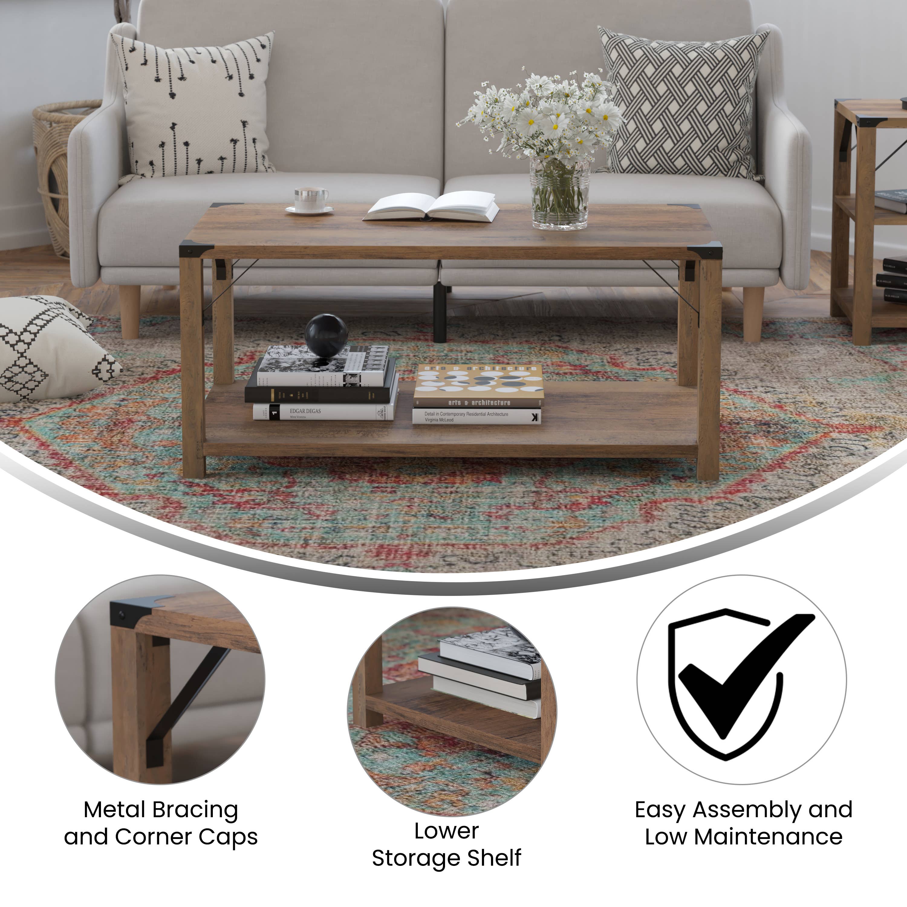 Chêne rustique Table basse rustique en chêne avec accents en métal noir en vente sur Faire3