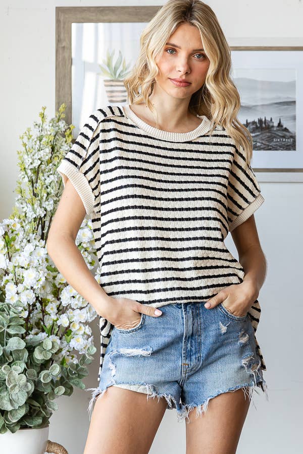 7th Ray - Venta al por mayor Jersey corto de punto - Mujer - Top de manga corta con abertura lateral y textura de rayas T586516