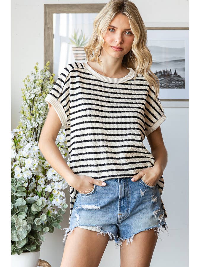 7th Ray - Venta al por mayor Jersey corto de punto - Mujer - Top de manga corta con abertura lateral y textura de rayas T586516