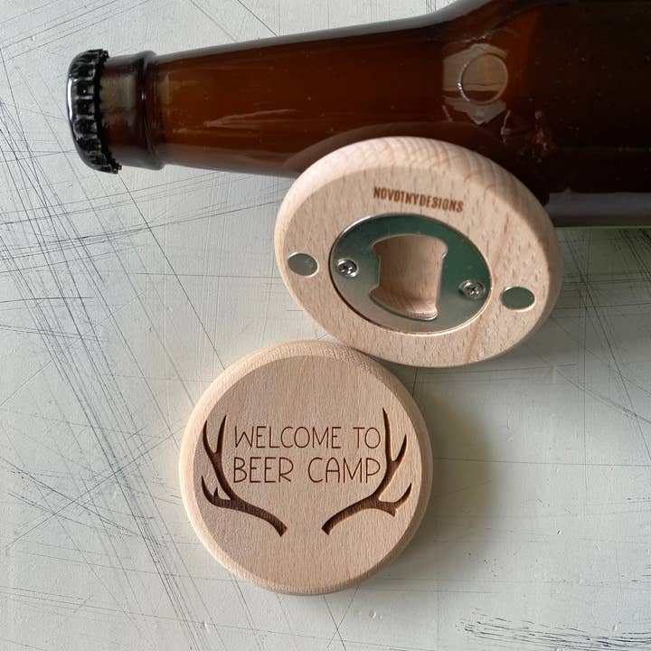 Novotny Designs - Wholesale Bottle/Wine Opener - Welcome to Beer Camp - magnetic wood bottle opener