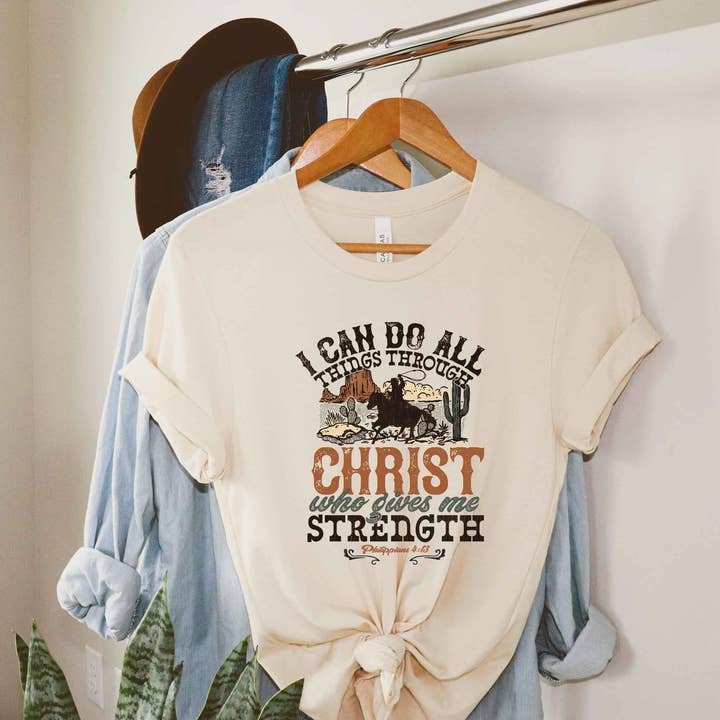 I Can Do All Things Through Christ Cowboy | Short Sleeve Crew Neck for wholesale by Uplifting Threads Co Wholesale