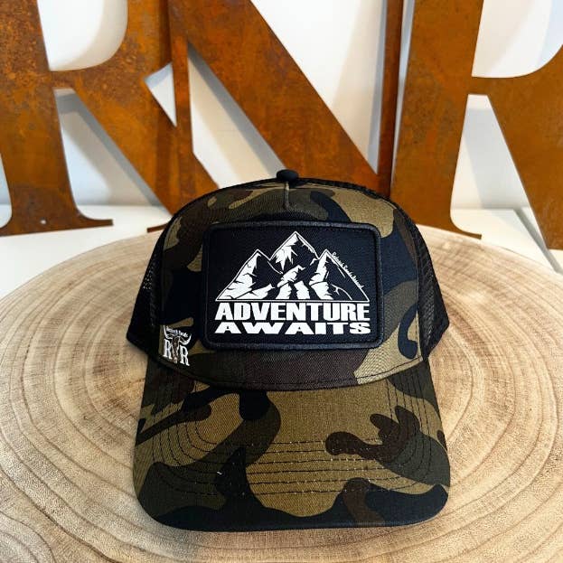 Adventure Awaits Camo Patch Trucker Cap for wholesale by Redneck Roads Apparel