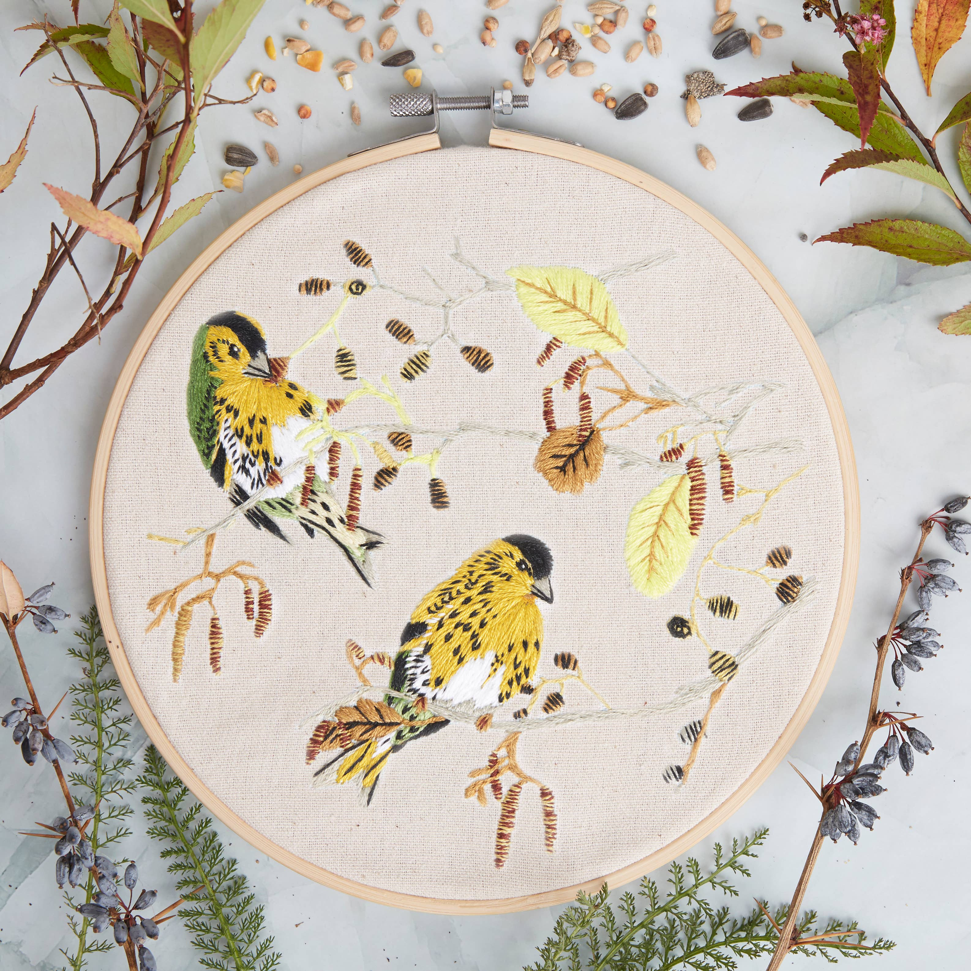 West Design Products - Wholesale Embroidery/Cross Stitch Supplies - Natural History Museum Embroidery Hoop Kit, Siskins 8"7