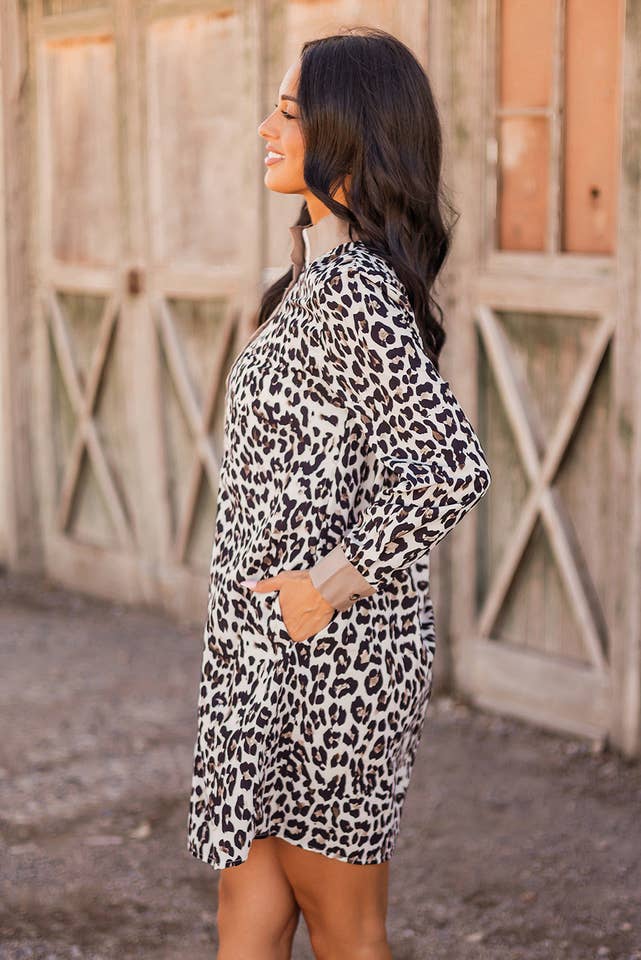 As Shown Button Striped Collar Leopard Print Long Sleeve Flared Dress for wholesale on Faire3