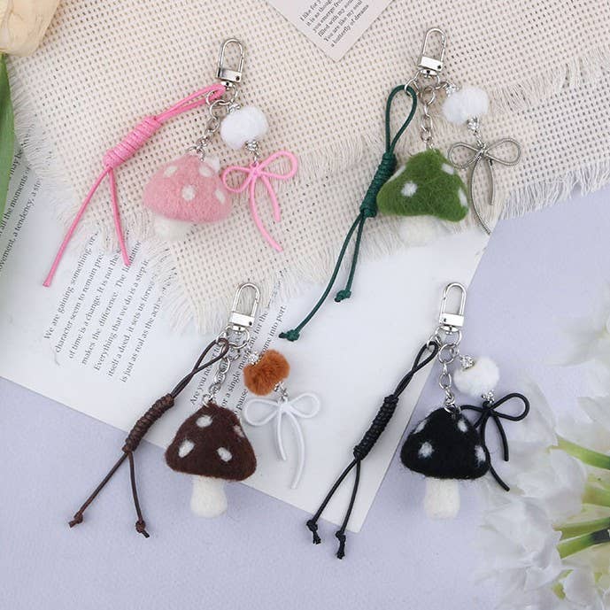 Creative Plush Little Mushroom Bow Lanyard Keychain for wholesale by MKS America