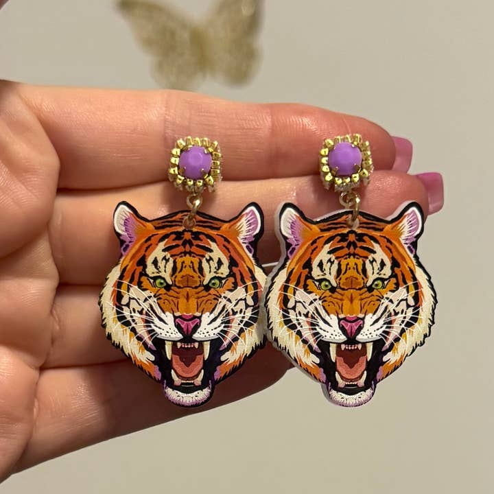 Louie Love - Wholesale Dangle Earrings - Gold Purple Acrylic Gameday LSU Tiger Face Earrings0