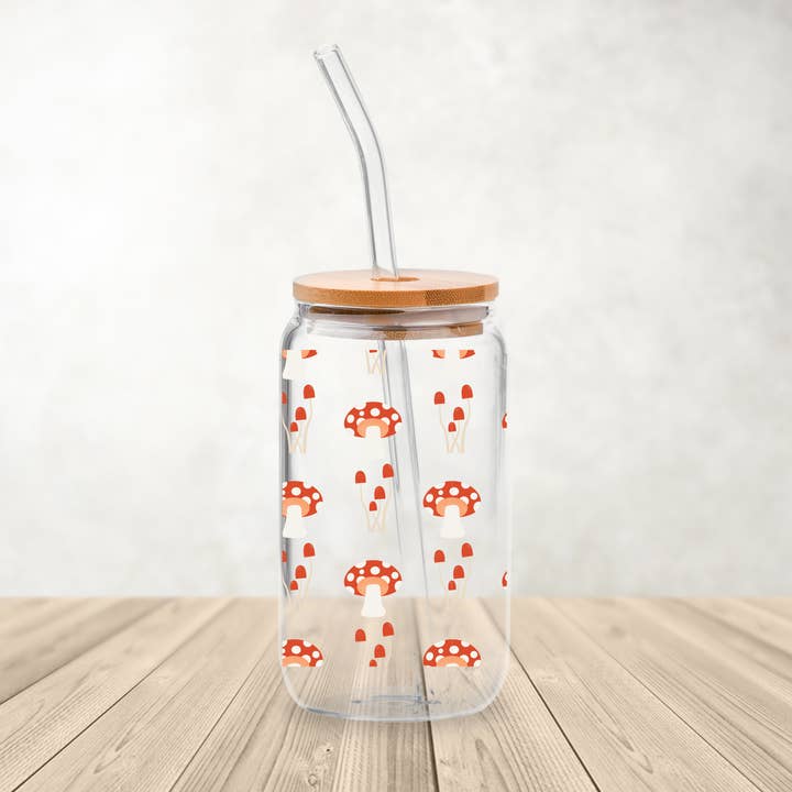 Gobelet en verre Retro Mushroom16 oz avec couvercle en bambou pour la vente par Full Moon Arts & More