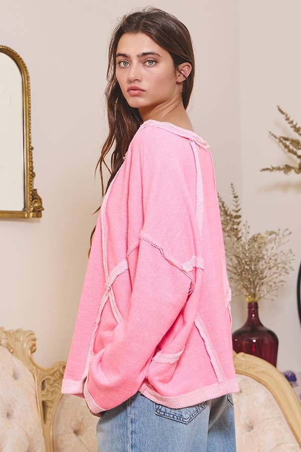 BUCKETLIST INC - Wholesale Sweatshirt - Women's - T1153-1 Oversized Solid Raw Edge Detail Long Sleeves Top14