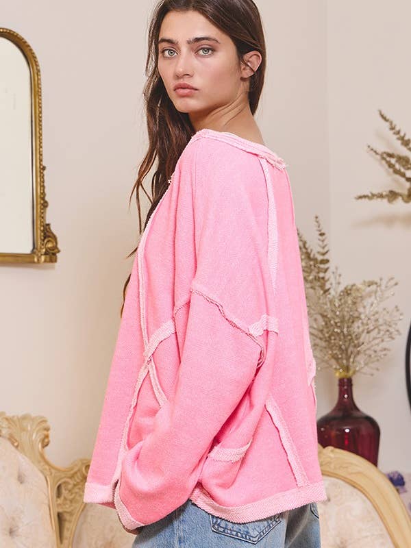 BUCKETLIST INC - Wholesale Sweatshirt - Women's - T1153-1 Oversized Solid Raw Edge Detail Long Sleeves Top14