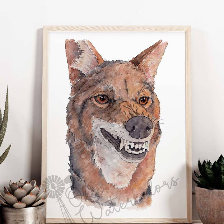 "Grinning Coyote", Watercolor Art Print for wholesale by Okie Watercolors