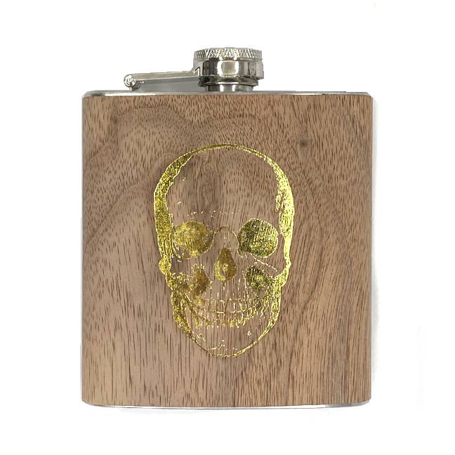 Spitfire Girl – Engroshandel Lommelærke – Wood Flask 6 ounce - Guldfolie Skull1