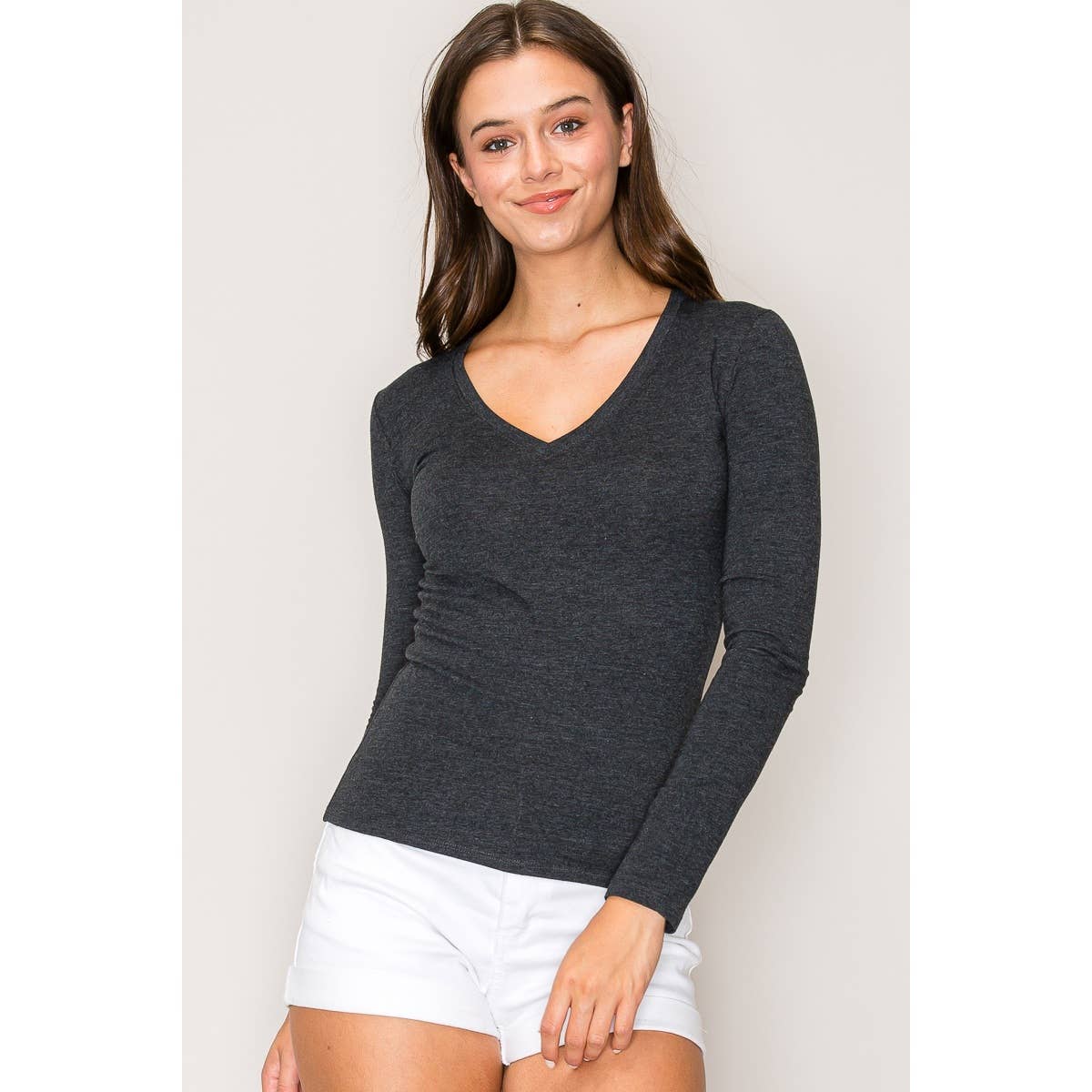 Popular 21 – wholesale Knit top – Women's – V Neck Long Sleeve Cotton Long Sleeve Knit Tee15