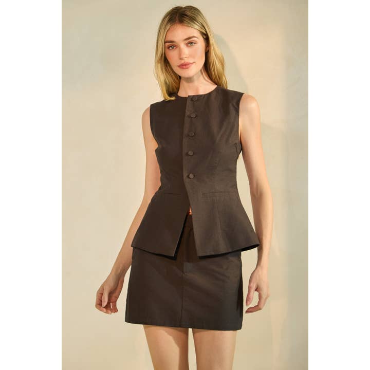 Structured Button-Up Peplum Top & Mini Skirt Set for wholesale by Honey Mango