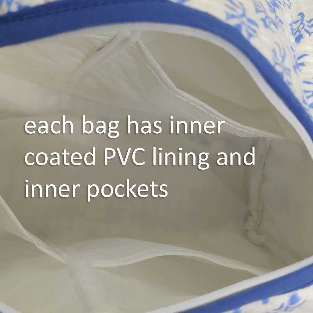 Ayras World - Wholesale Makeup/Cosmetic Bag - Teal Flower Block Printed Cotton Makeup Bag/Washbag/Cosmetic Bag (Set of 2)1