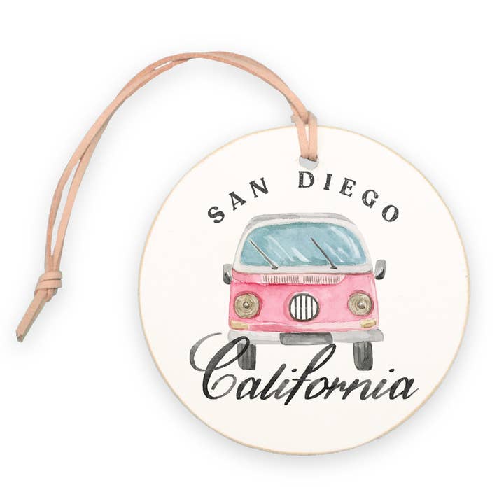 White 4" Round Ornament-Pink Van San Diego, California for wholesale on Faire