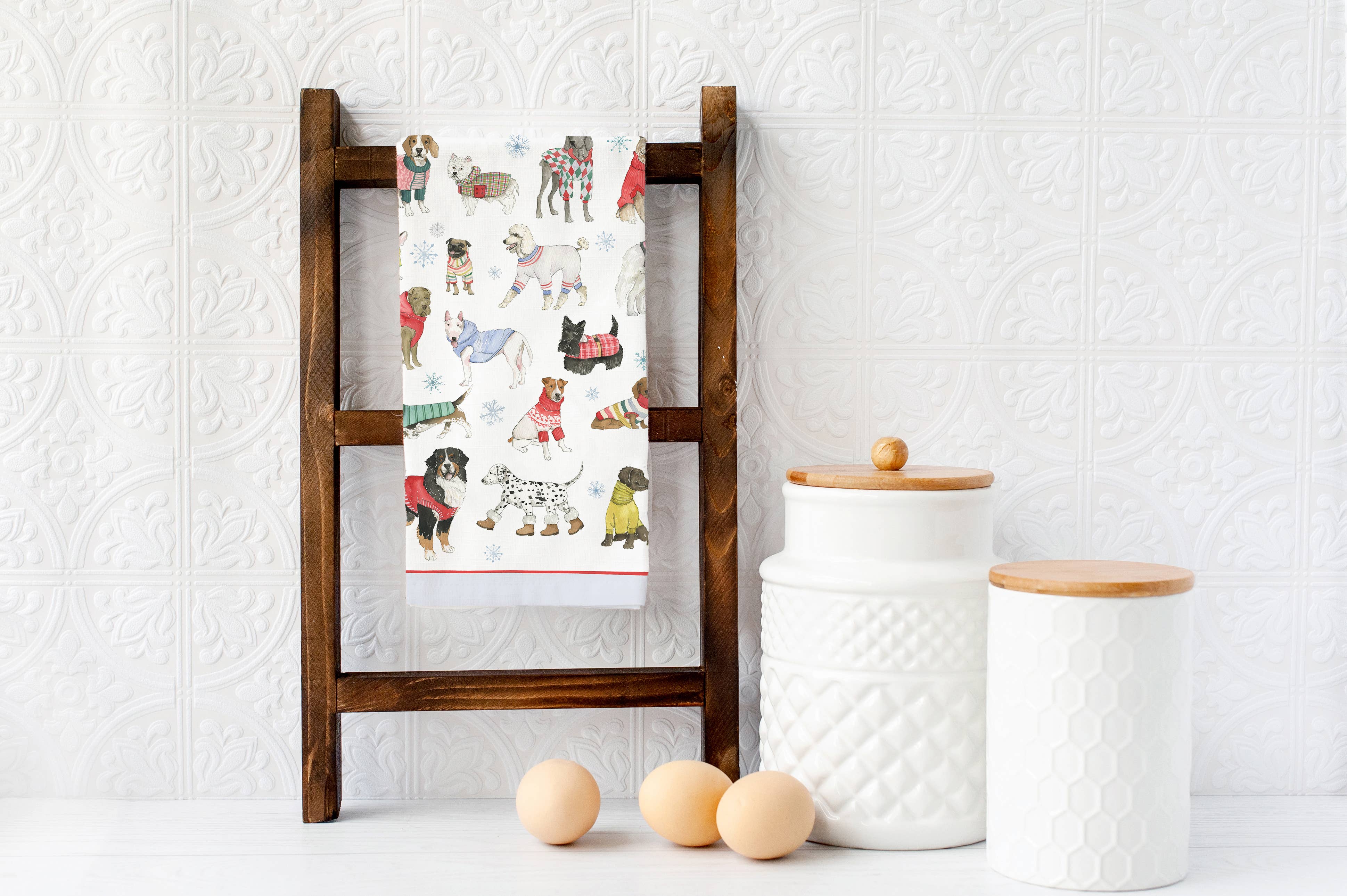 KelseyMDesigns - Wholesale Tea Towel - Sweater Dogs Kitchen Towel - Winter Tea Towel 1