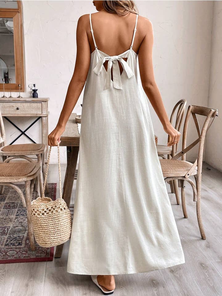 beige Linen blend Scoop Neck Cami dress with bow tie at back for wholesale on Faire
