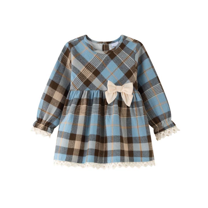 plaid Blue and brown checkered party dress with bow for wholesale on Faire