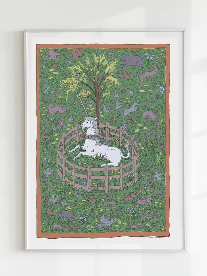 Unicorn Rests in the Garden- Medieval Tapestry - 9x12" Print for wholesale by Lydia Tonkonow Art and Design LLC