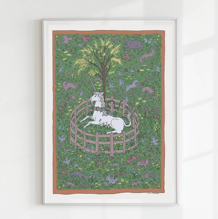 Lydia Tonkonow Art and Design LLC - Wholesale Art Print - Unicorn Rests in the Garden- Medieval Tapestry - 9x12" Print0