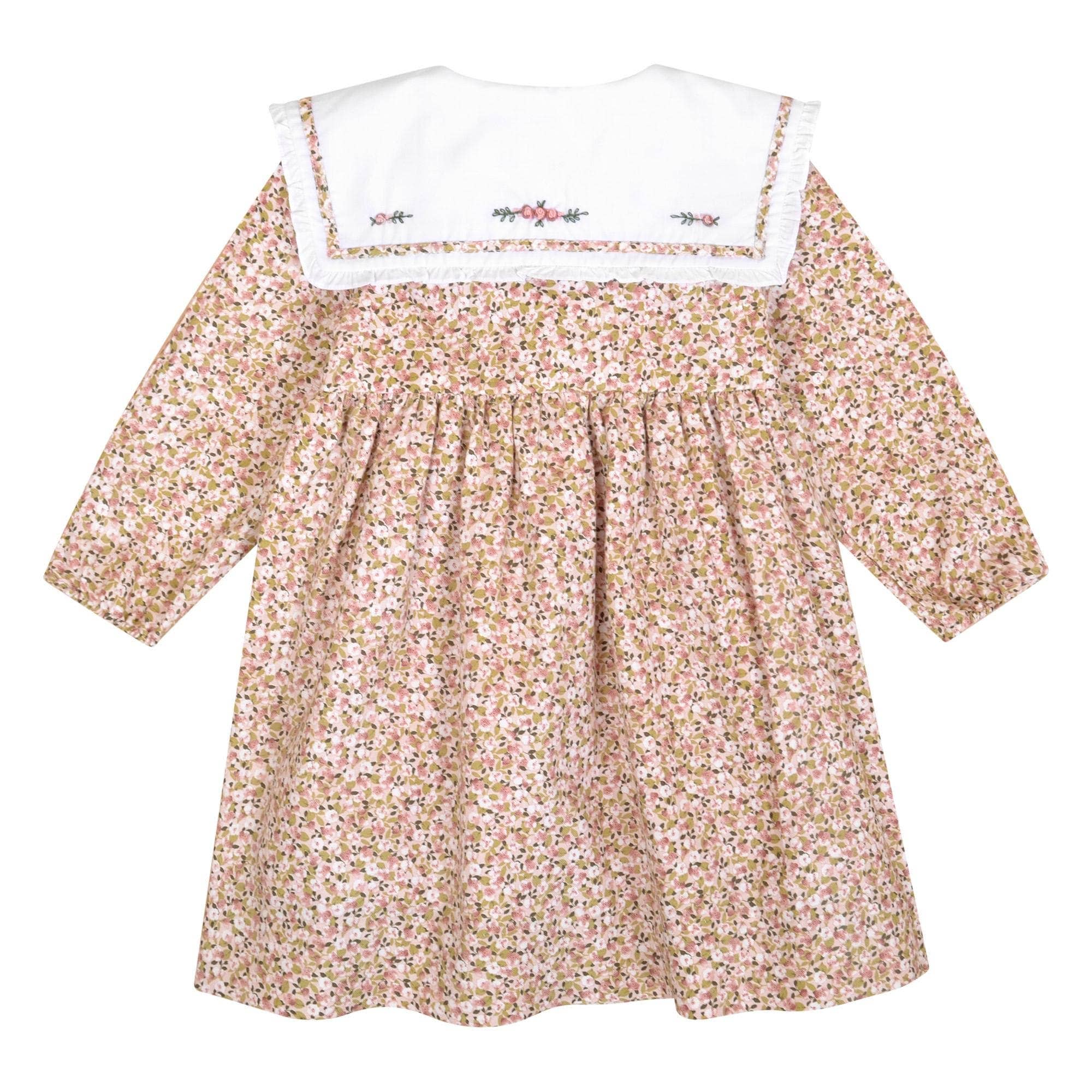Kidiwi handmade - Wholesale Dress - Kids - Paola, Ruffled sailor collar dress with pink and khaki floral print embroidery4