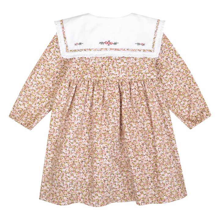Kidiwi handmade - Wholesale Dress - Kids - Paola, Ruffled sailor collar dress with pink and khaki floral print embroidery4