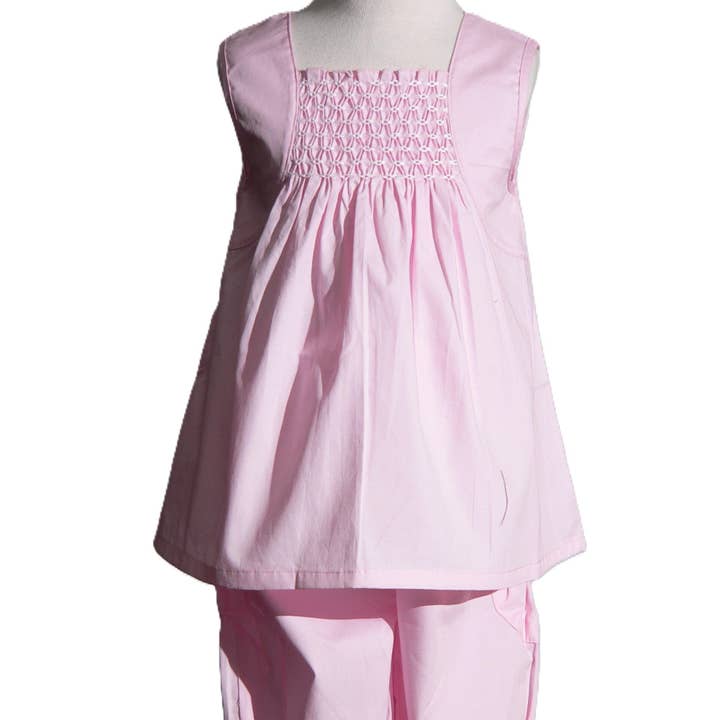 Conjunto de Top sin Mangas con Nido de Abeja Geométrico Rosa Claro y Pantalones con Volantes para venta al por mayor de Hello Bebes!