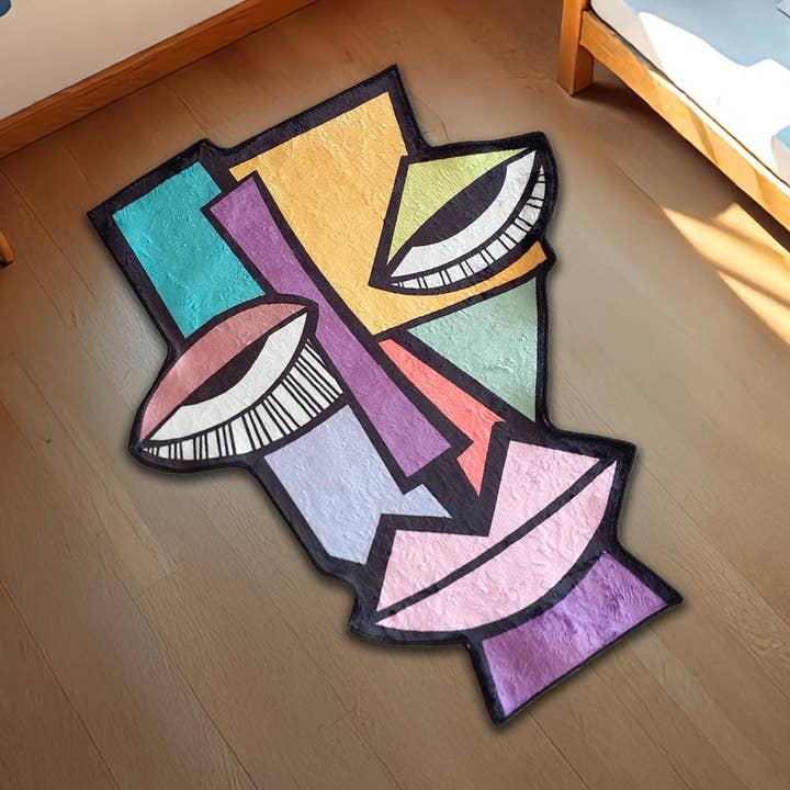 Line Art Face Rug: Colorful Abstract Irregular Carpet for wholesale by Rugendary Trade LLC