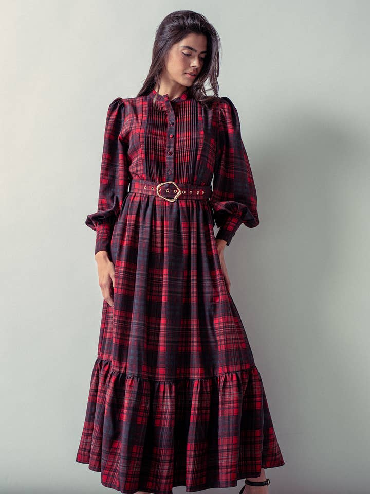 Urban Daizy - Wholesale Dress - Women's - Plaid Belted Layered Button Down Balloon Sleeve Maxi Dress1