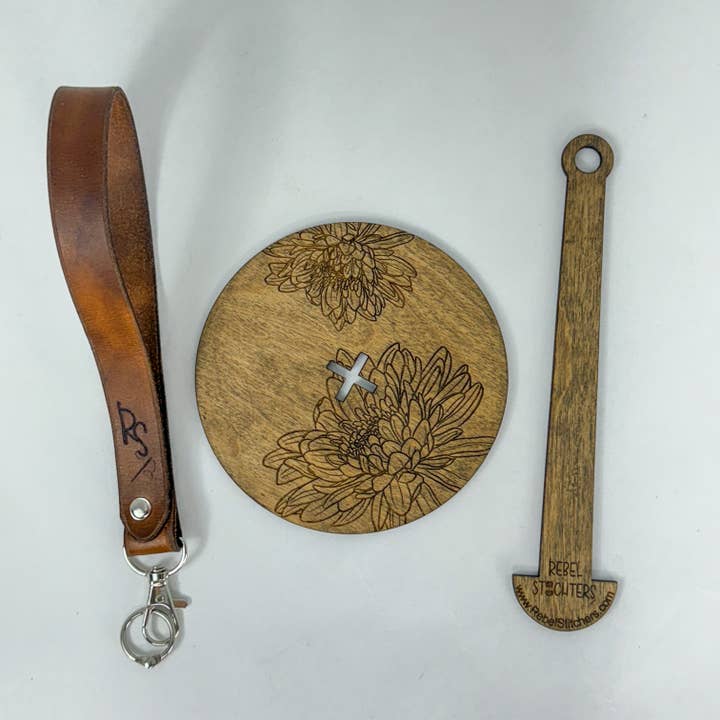 Art by Erica H & Rebel Stitchers - Wholesale Craft Tool - Wrist Yarn Minder/Holder Real Leather Strap Flowers Style 24