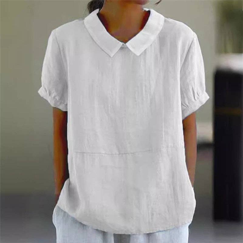 FurDecoration - Wholesale Blouse - Women's - Loose Fit Solid Color Wide Lapel Short Sleeve Shirt2