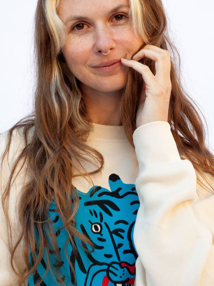 Culk - Wholesale Graphic Sweatshirt - Unisex - Blue Tiger Crewneck Cream by Kristina Micotti2