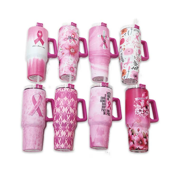 Insulated Cup 40 oz PINK Awareness Assortment- 8/Pack for wholesale by Novelty Closeout
