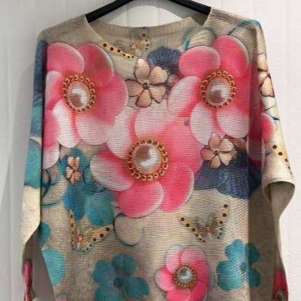 COPET Camisola de Malha Redonda com Estampa de Pétalas Cor-de-Rosa LOOWIE por atacado de LOOWIE