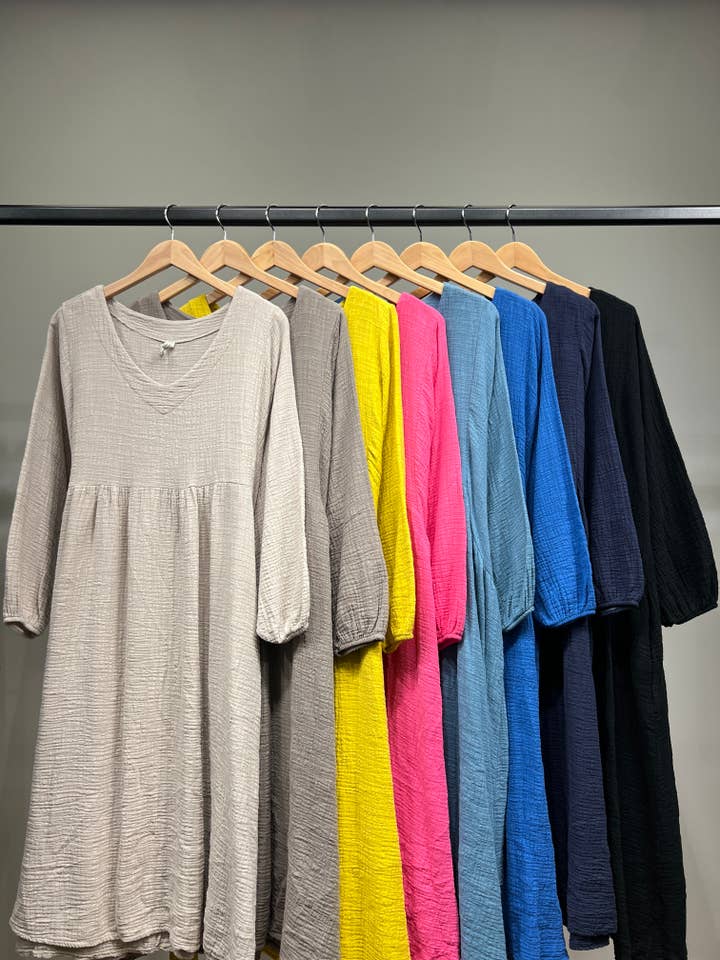 Long Sleeve V-Neck Midi Dress Large Size Pocket 100% Cotton for wholesale by L'Emotion