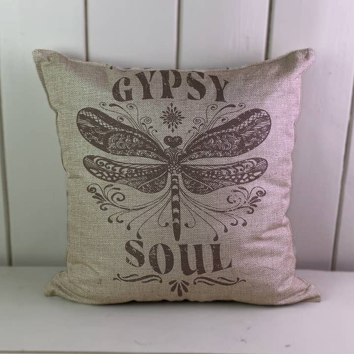 Gypsy Soul Dragonfly Linen Cushion Cover for wholesale by Hills Of Fabric
