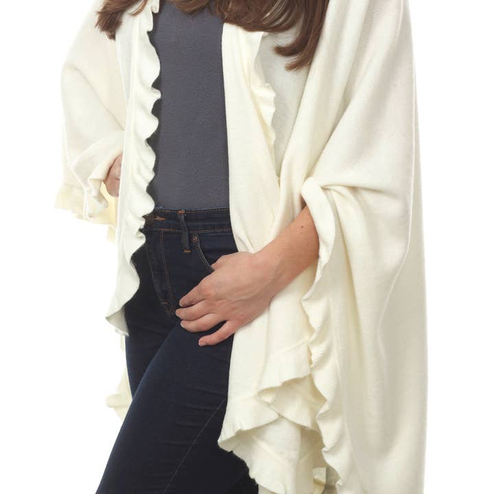 Fennco Styles – wholesale Poncho – Women's – Ruffle Trim Knit Open Front Cozy Warm Women Poncho Cape1