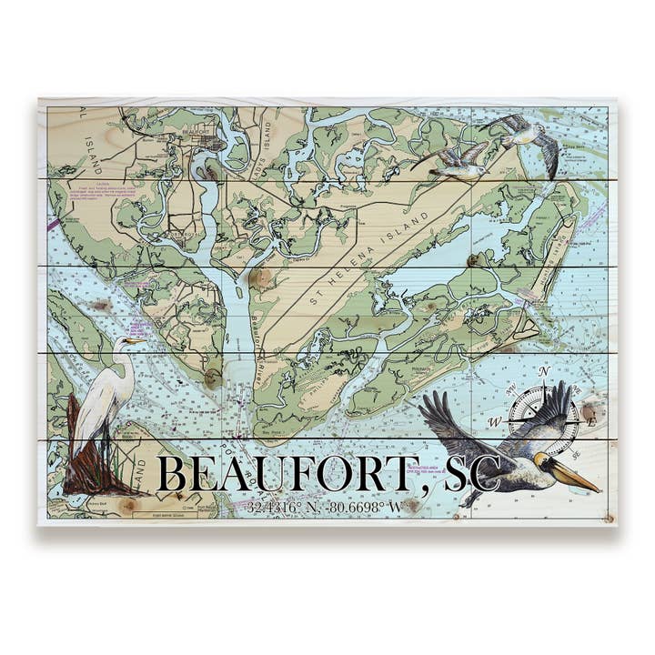 Beaufort, SC 18x24 Wood Pallet Map-Birds for wholesale by Map Mom