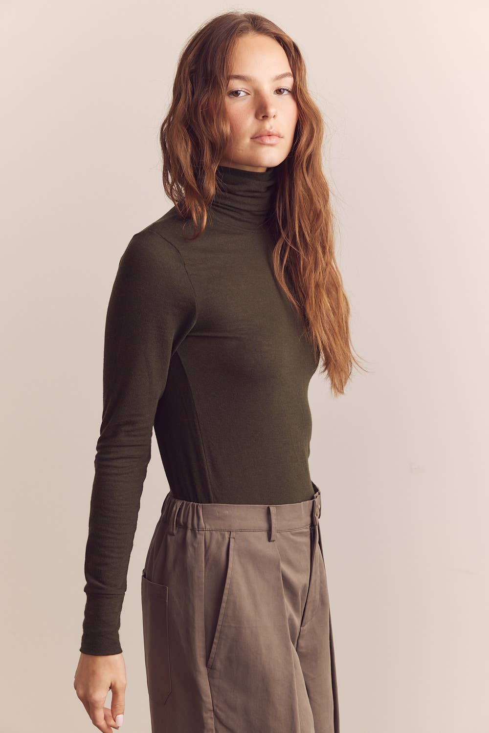 D Olive Wool blend lightweight turtleneck for wholesale on Faire6