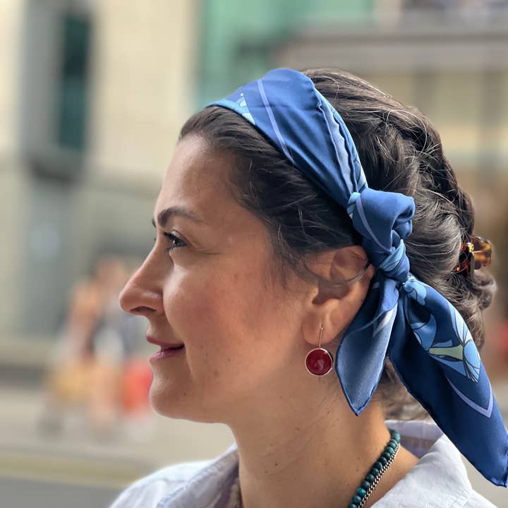 RUMI - Wholesale Scarf - Unisex - Floral Square Silk Twill Scarf - Blue3