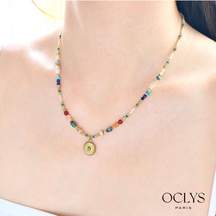 Multi sun natural stone necklace stainless steel gold for wholesale by Oclys