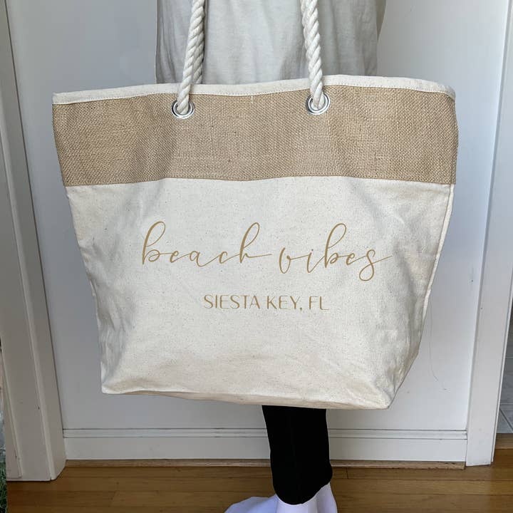 Large Beach Tote with Jute Trim - Custom Vibes Design for wholesale by Sockprints