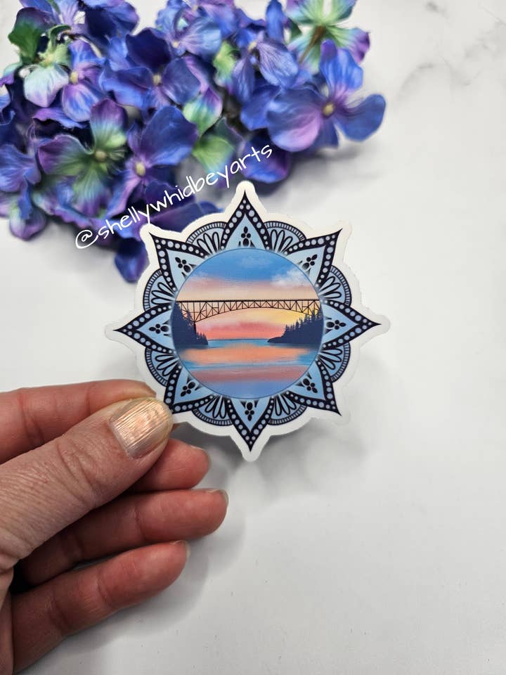 Beautiful Sunset at Deception Pass Bridge Handmade Sticker for wholesale by Shelly Whidbey Arts