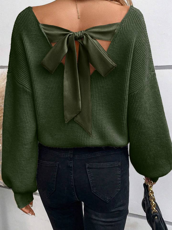 Lovesoft - Wholesale Knit Sweater - Women's - Lantern Sleeve V Neck Knot Back Sweater6