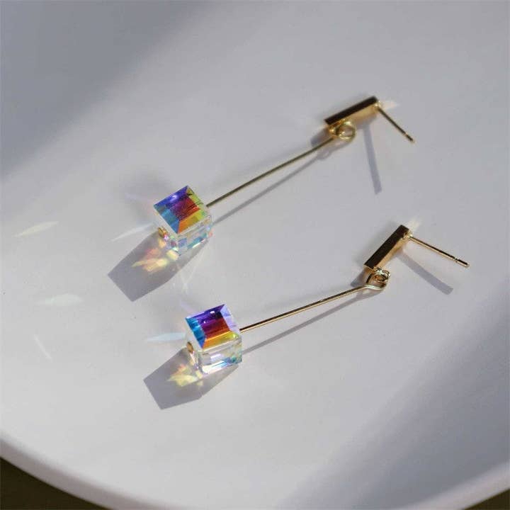 Haengseongworkshop - Wholesale Dangle Earrings - 1cm Rectangle Bar Stud Gold Plated/ 316 Surgical Stainless Steel 8mm Clear Ab Cube Bar Earrings